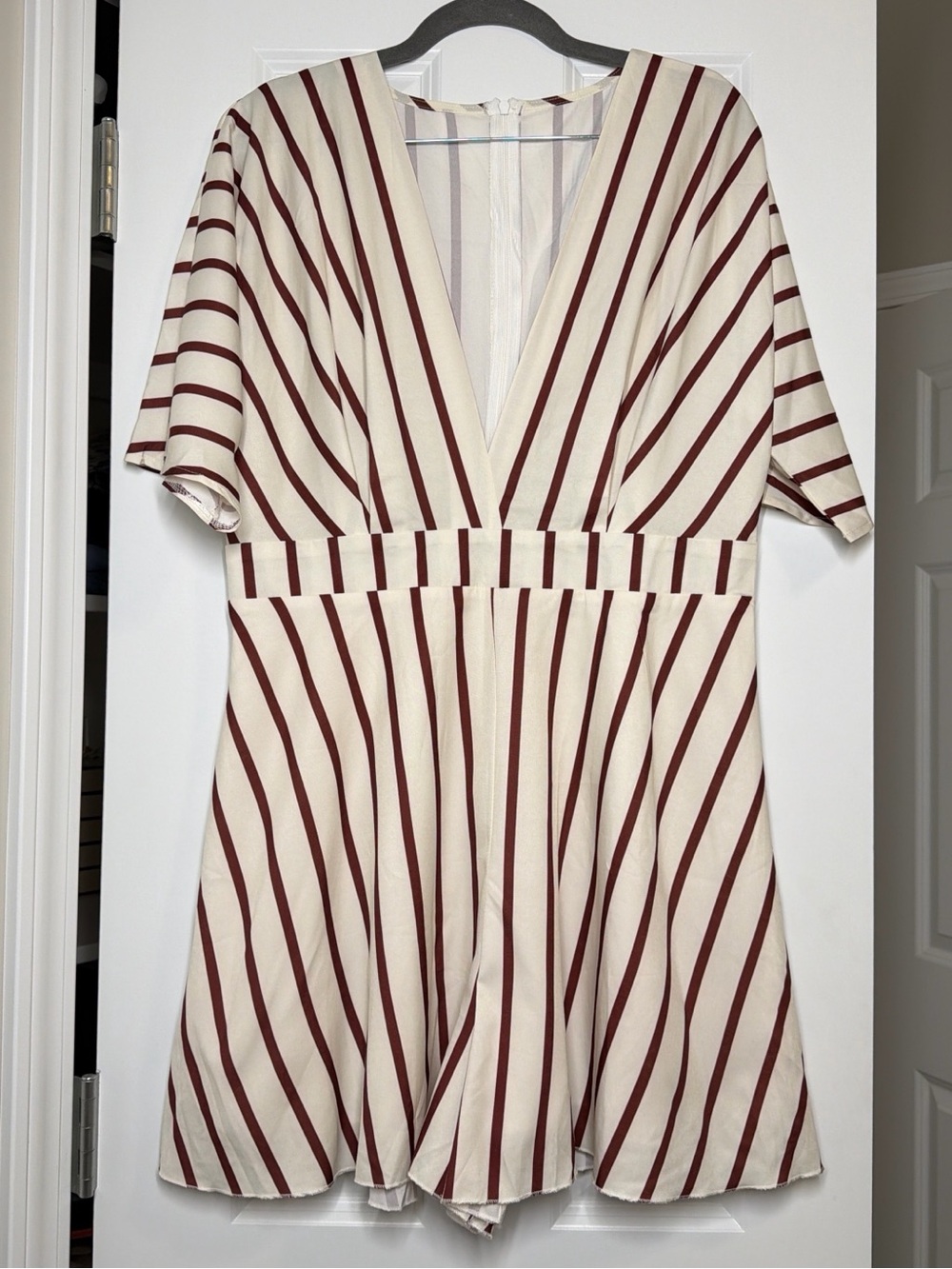 SHEIN Cream and Burgundy Striped Deep V Romper